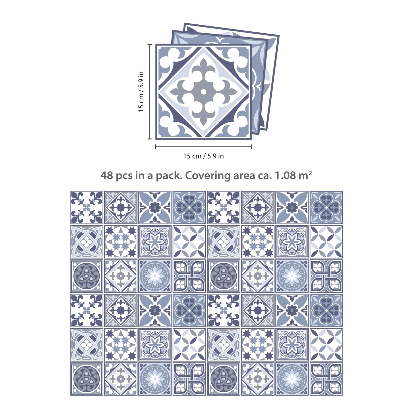 WT1503 - Lisbon Blue Tiles Wall Stickers - 15 cm x 15 cm - 24 pcs.