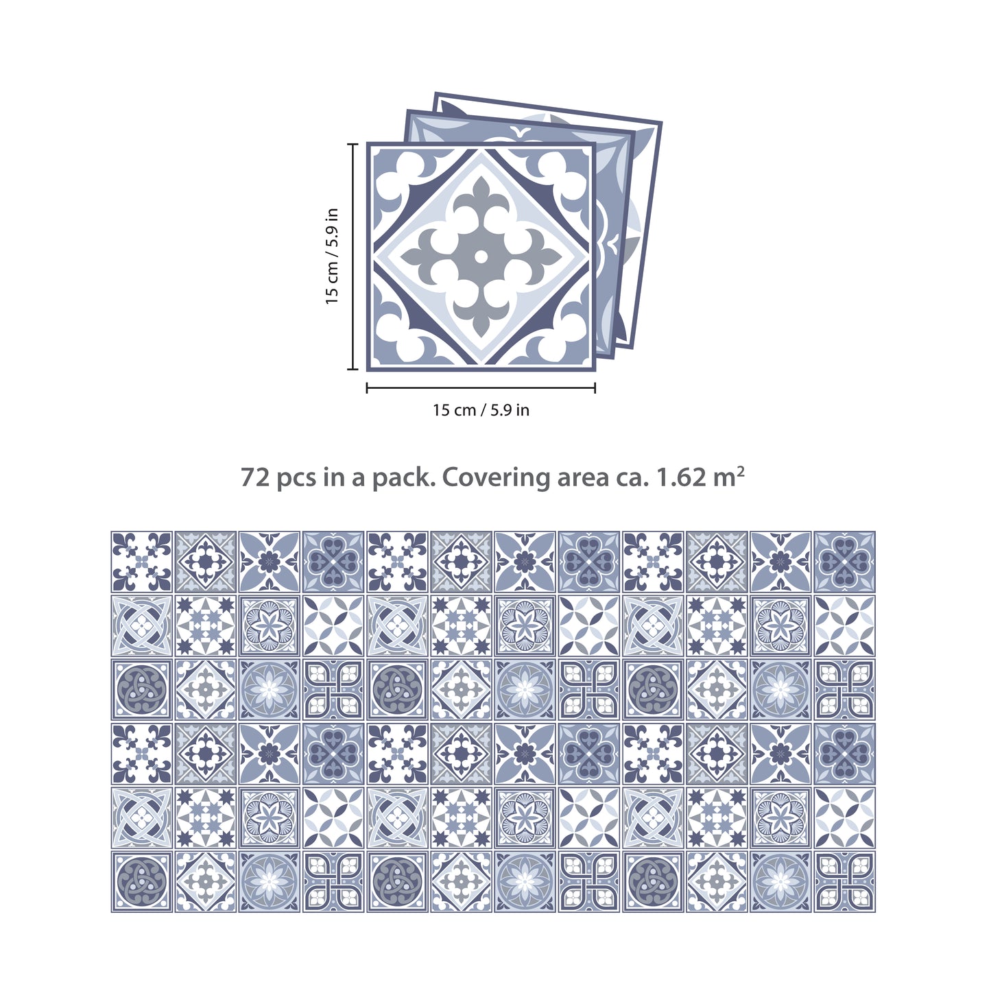 WT1503 - Lisbon Blue Tiles Wall Stickers - 15 cm x 15 cm - 24 pcs.