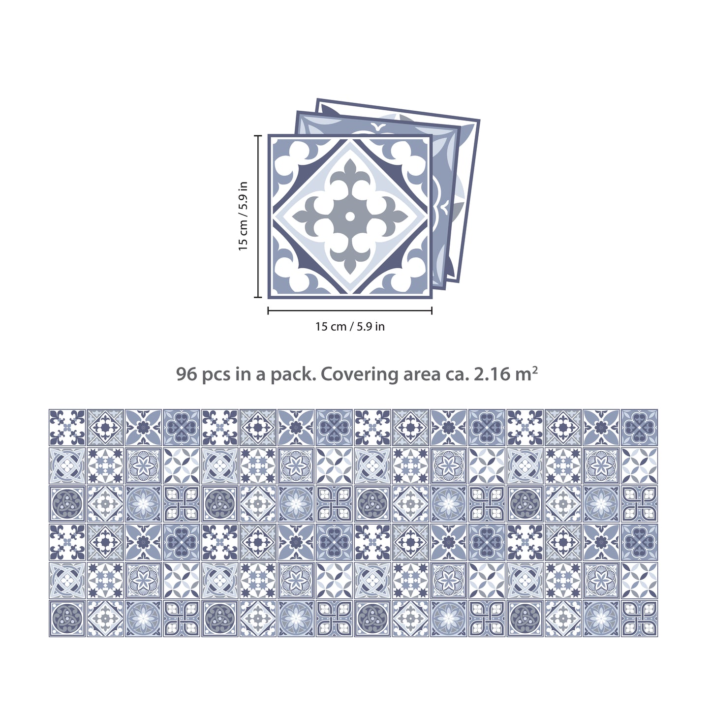 WT1503 - Lisbon Blue Tiles Wall Stickers - 15 cm x 15 cm - 24 pcs.