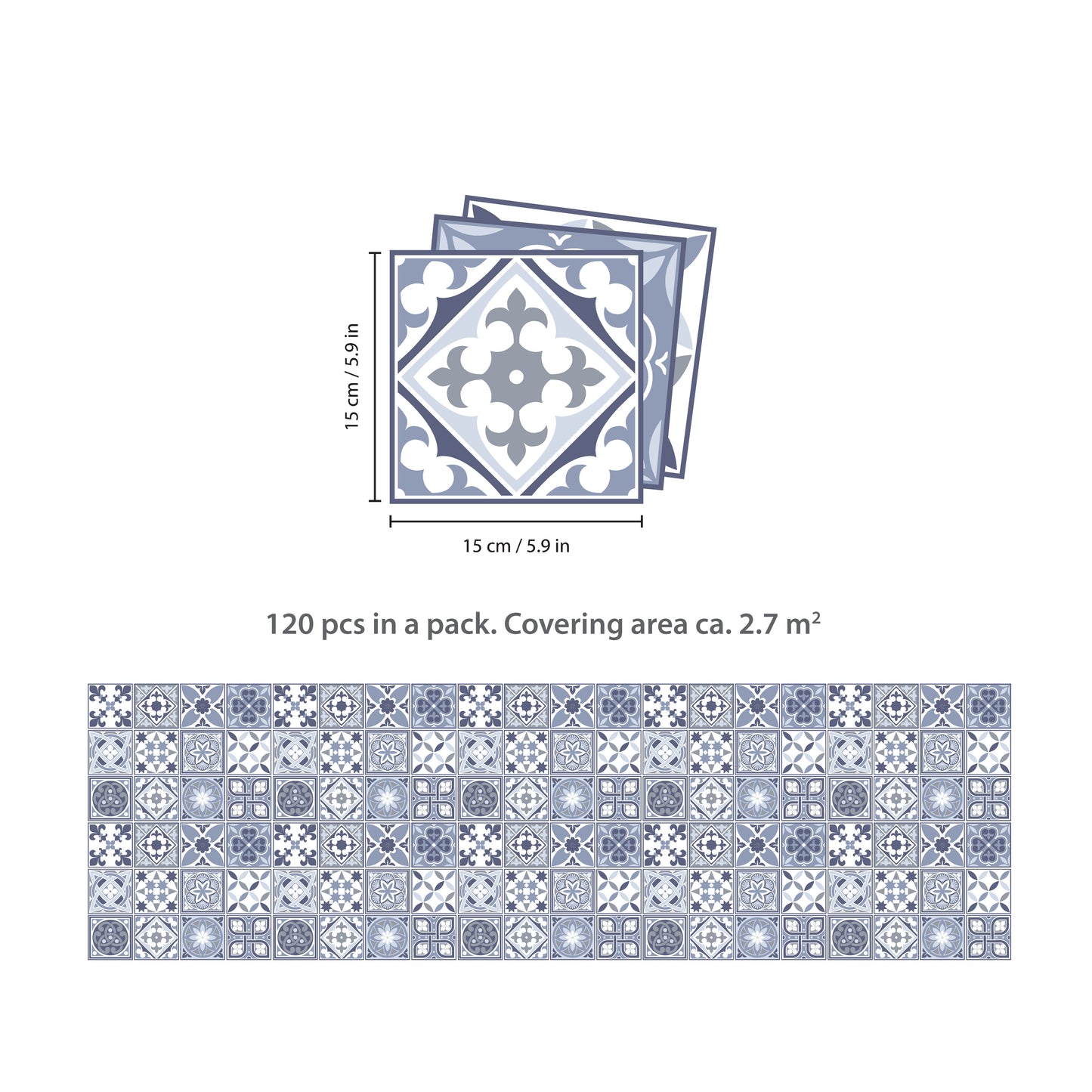 WT1503 - Lisbon Blue Tiles Wall Stickers - 15 cm x 15 cm - 24 pcs.