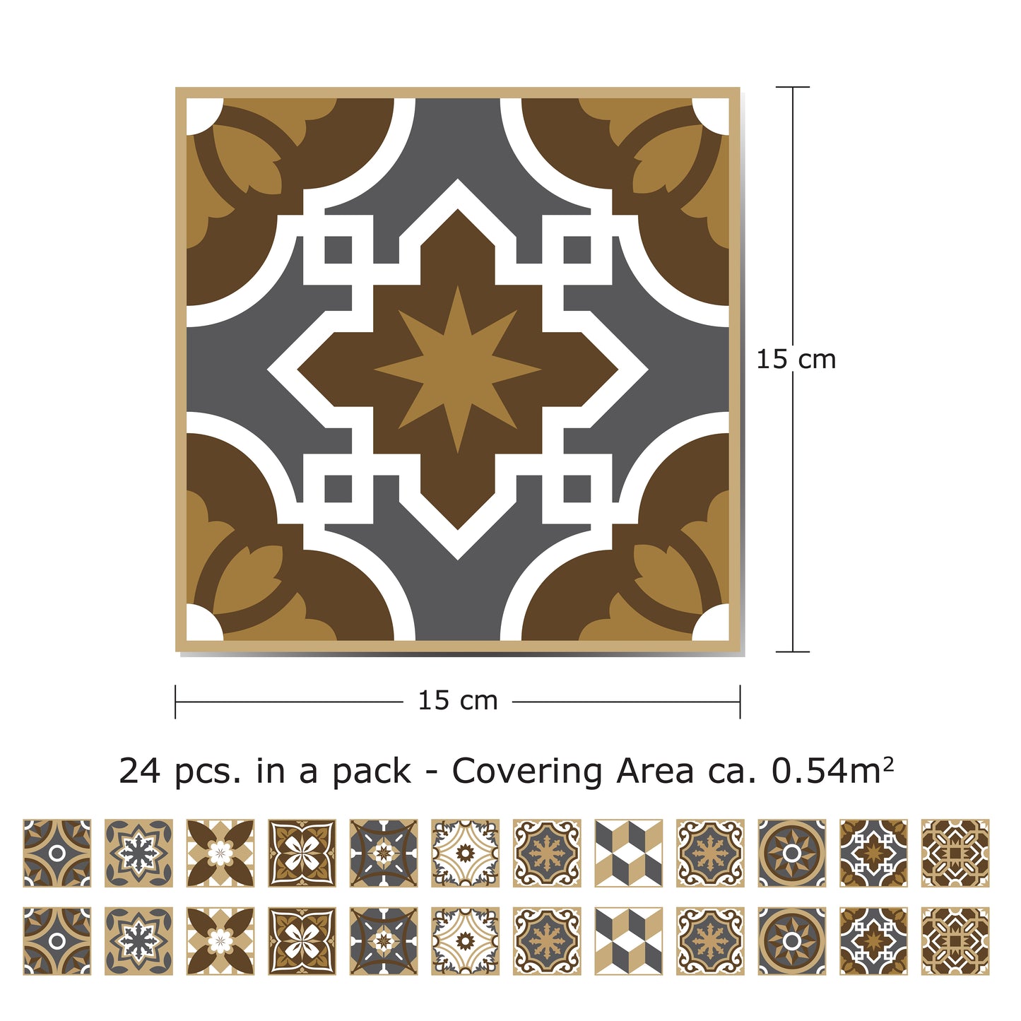 WT1506 - Dark Bronze Tiles Wall Stickers - 15 cm x 15 cm - 24 pcs.