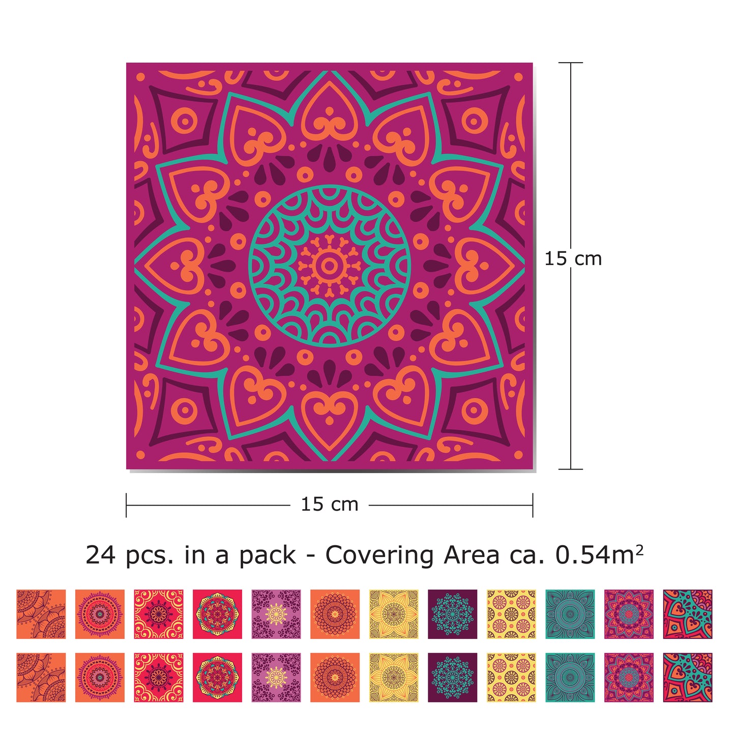 WT1509 - Colourful Mandala Tiles Wall Stickers - 15 cm x 15 cm - 24 pcs.