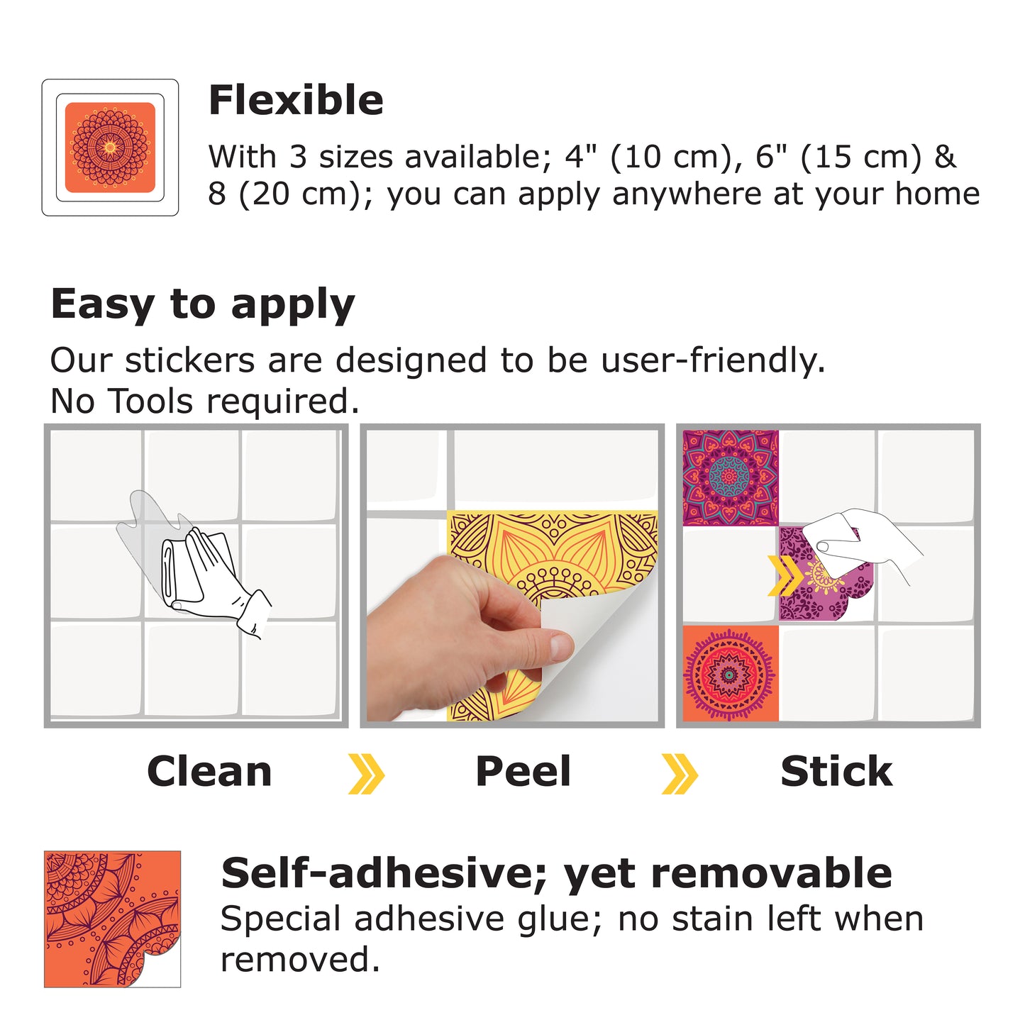 WT1509 - Colourful Mandala Tiles Wall Stickers - 15 cm x 15 cm - 24 pcs.