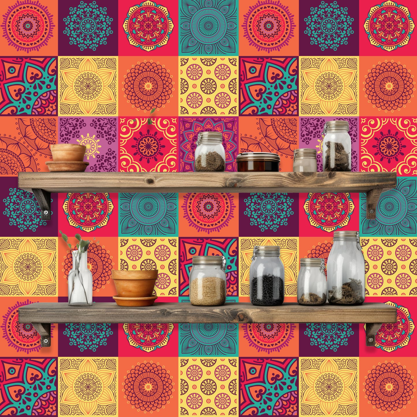WT1509 - Colourful Mandala Tiles Wall Stickers - 15 cm x 15 cm - 24 pcs.