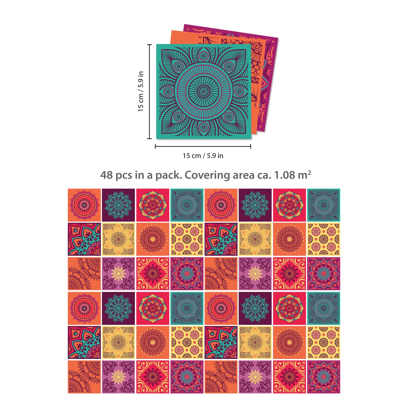 WT1509 - Colourful Mandala Tiles Wall Stickers - 15 cm x 15 cm - 24 pcs.
