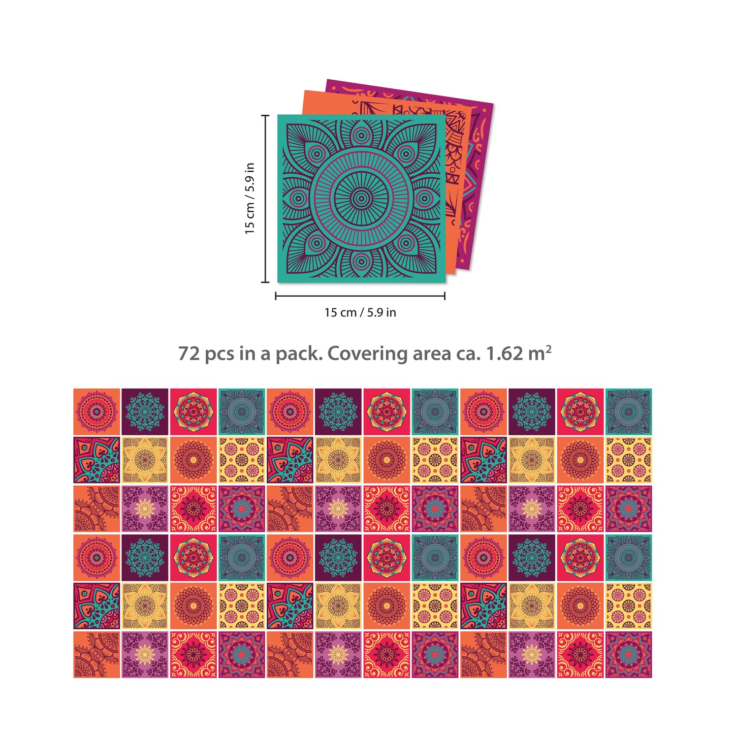 WT1509 - Colourful Mandala Tiles Wall Stickers - 15 cm x 15 cm - 24 pcs.