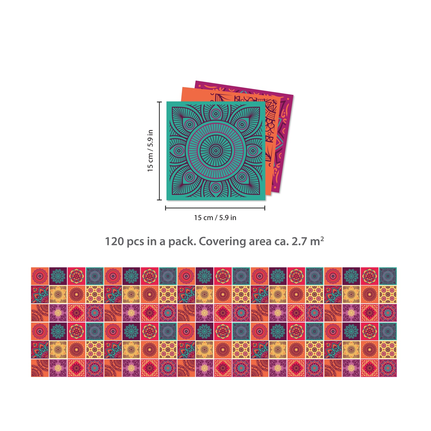 WT1509 - Colourful Mandala Tiles Wall Stickers - 15 cm x 15 cm - 24 pcs.