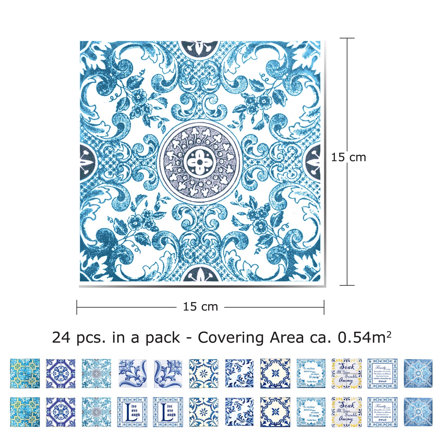 WT1513 - English Quote Vintage Blue Tile Sticker - 15 cm x 15 cm - 24 pcs