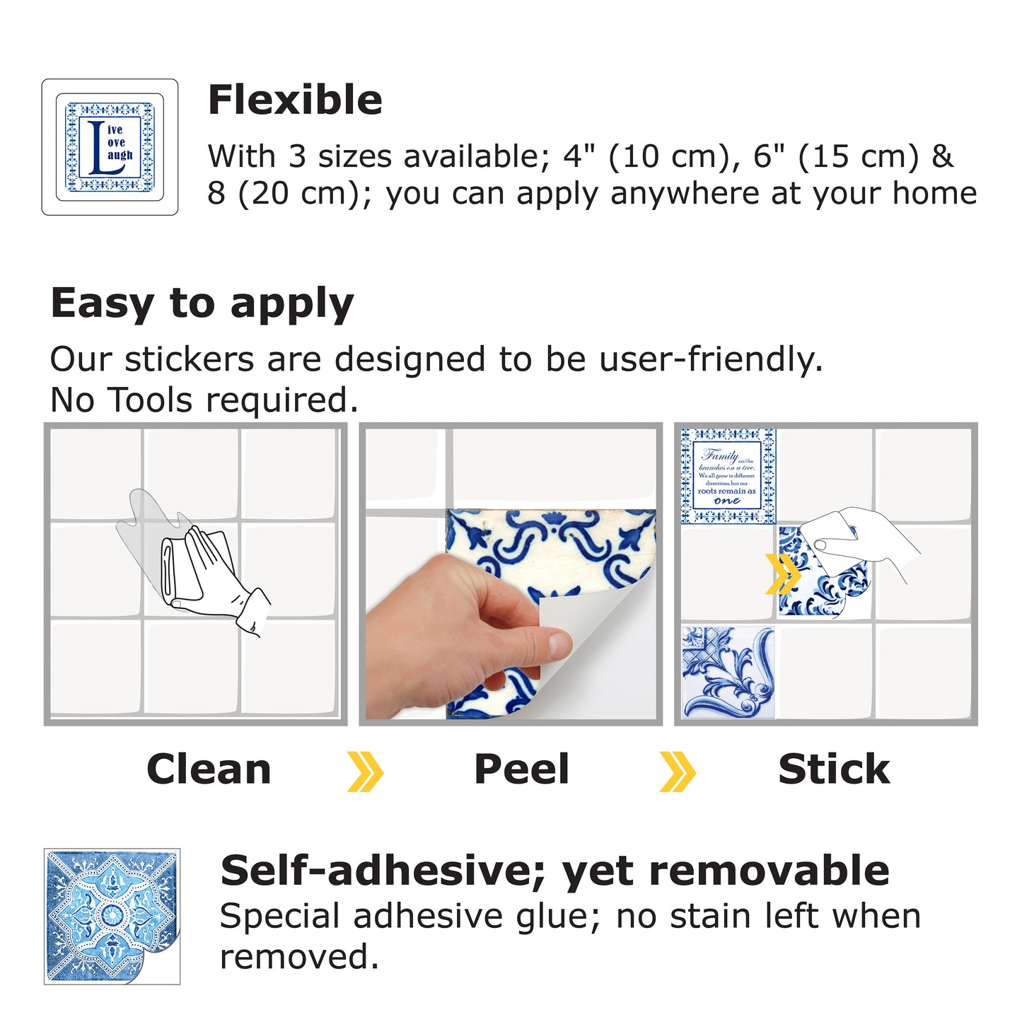 WT1513 - English Quote Vintage Blue Tile Sticker - 15 cm x 15 cm - 24 pcs
