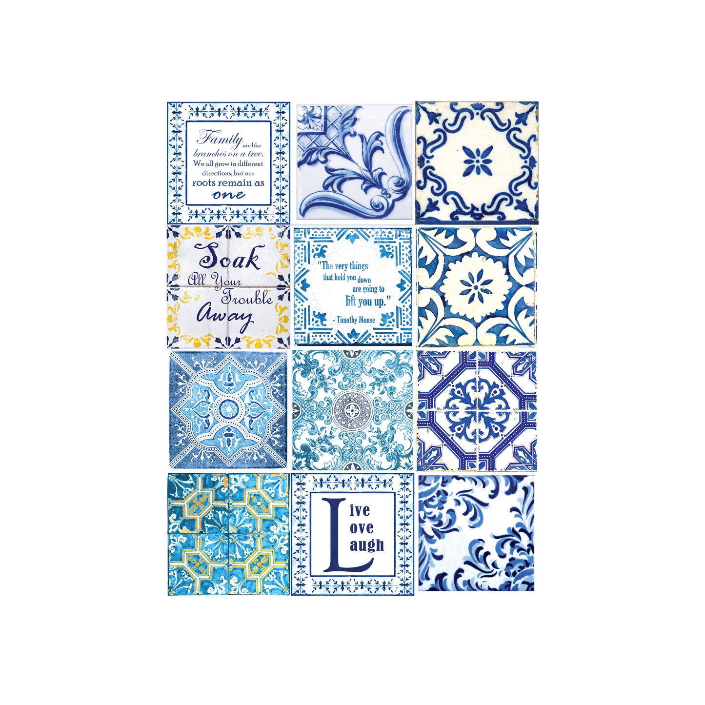 WT1513 - English Quote Vintage Blue Tile Sticker - 15 cm x 15 cm - 24 pcs