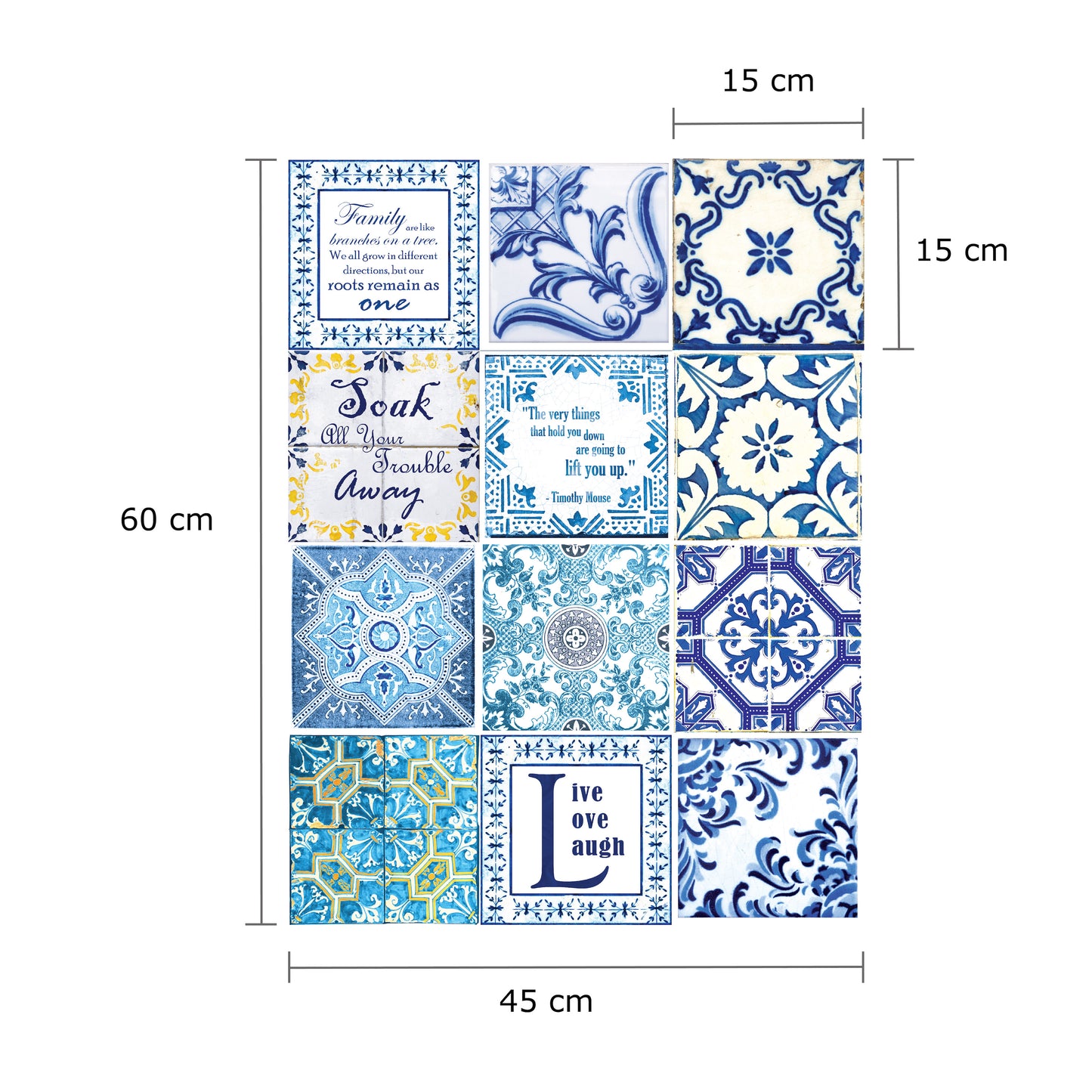 WT1513 - English Quote Vintage Blue Tile Sticker - 15 cm x 15 cm - 24 pcs