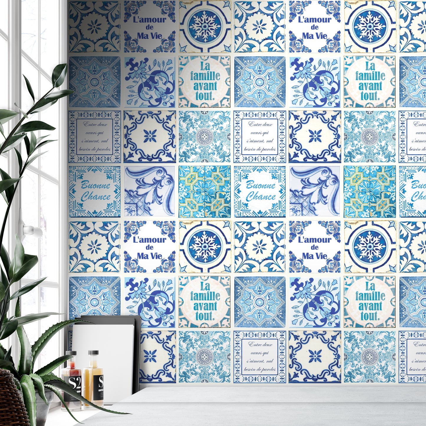 WT1514 - French Quote Classic Blue Tile Sticker - 15 cm x 15 cm - 24 pcs