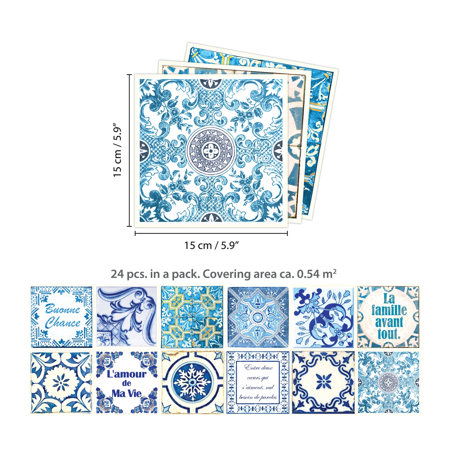 WT1514 - French Quote Classic Blue Tile Sticker - 15 cm x 15 cm - 24 pcs
