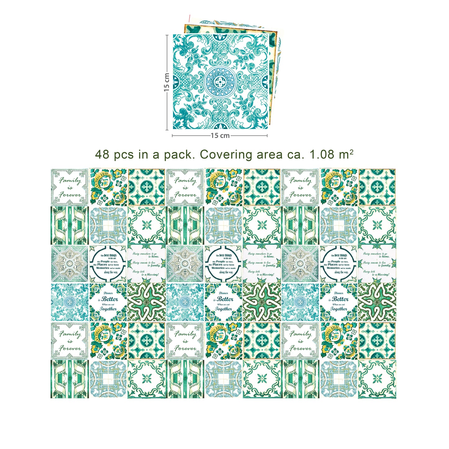 WT1515 - English Quote Vintage Green Tile Sticker - 15 cm x 15 cm - 24 pcs