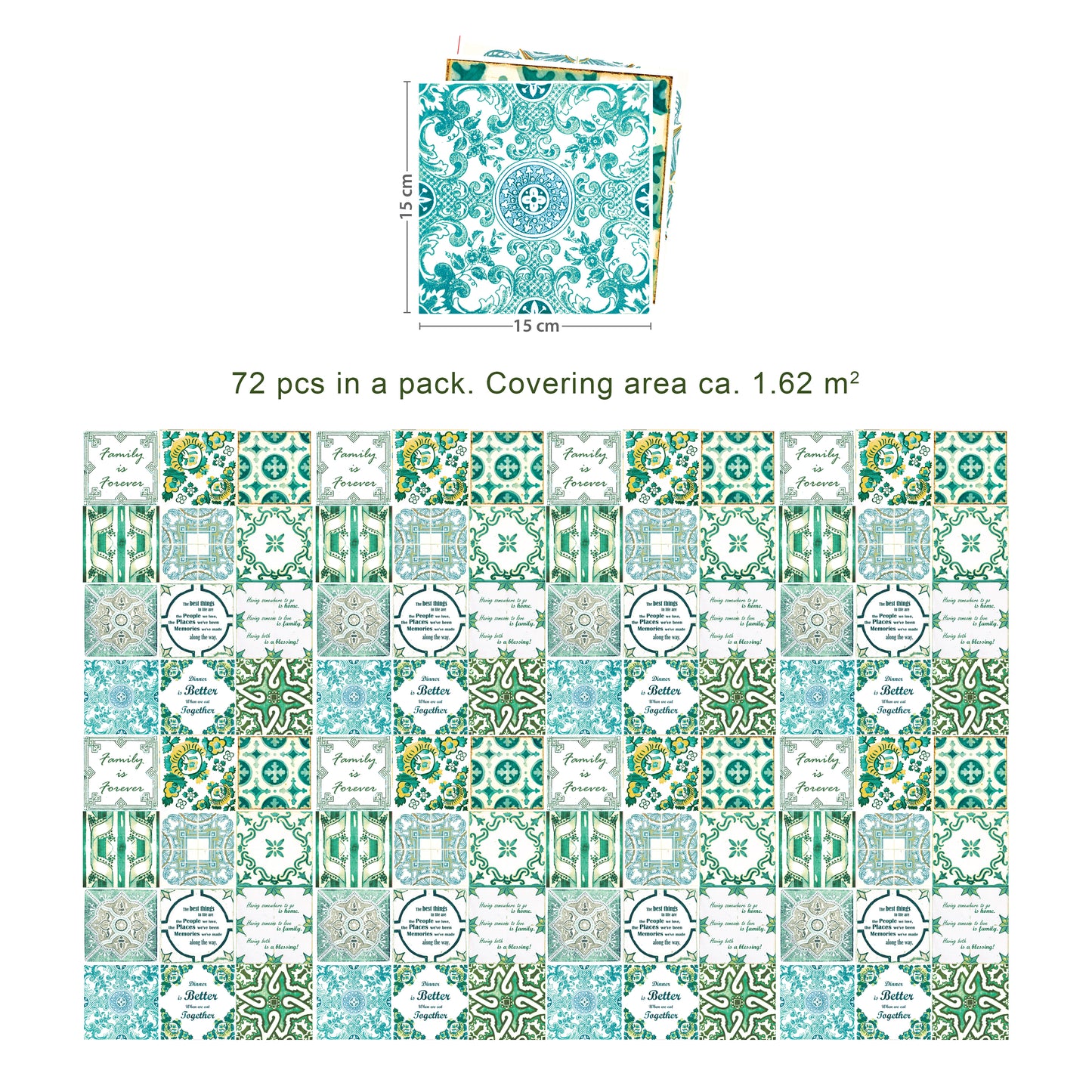 WT1515 - English Quote Vintage Green Tile Sticker - 15 cm x 15 cm - 24 pcs