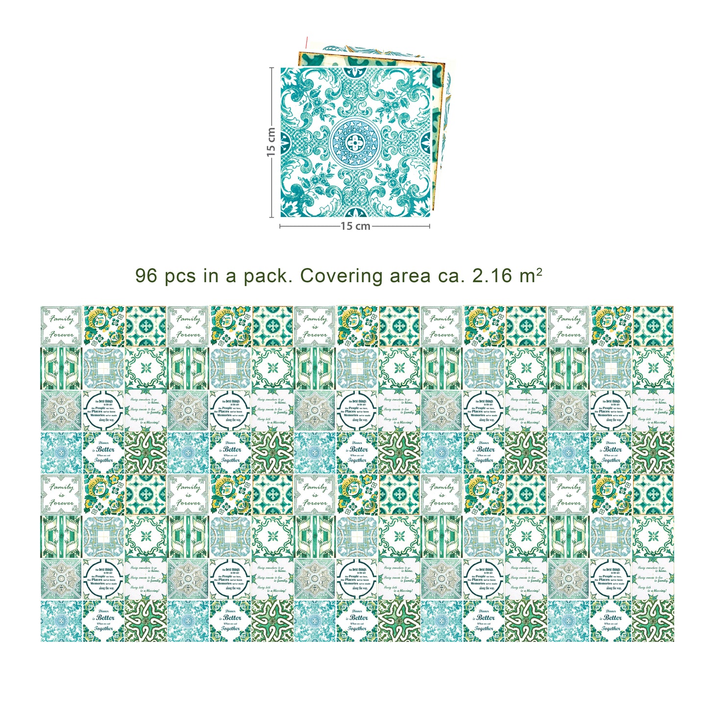 WT1515 - English Quote Vintage Green Tile Sticker - 15 cm x 15 cm - 24 pcs
