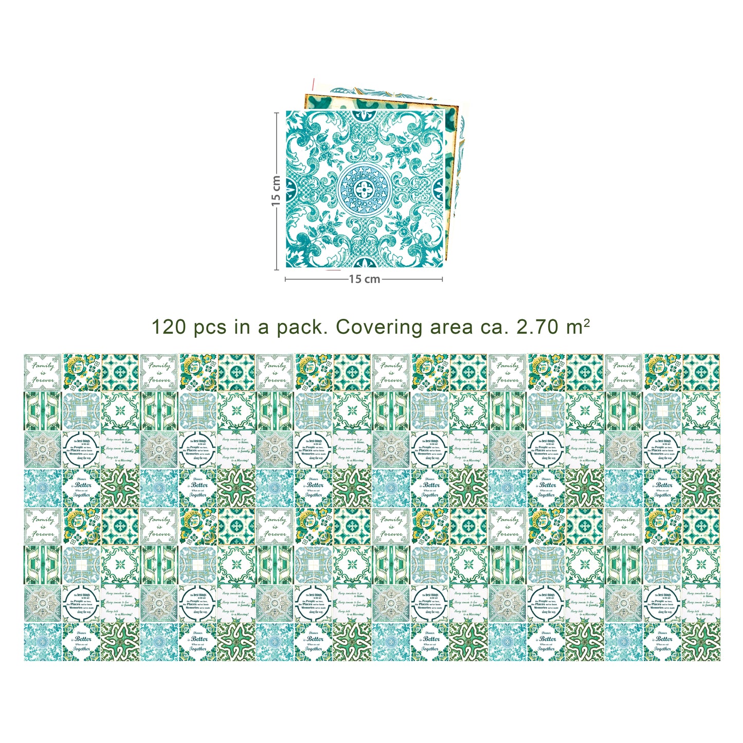 WT1515 - English Quote Vintage Green Tile Sticker - 15 cm x 15 cm - 24 pcs