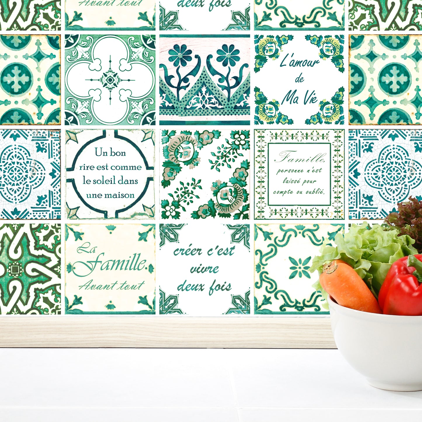 WT1516 - French Quote Classic Green Tile Sticker - 15 cm x 15 cm - 24 pcs