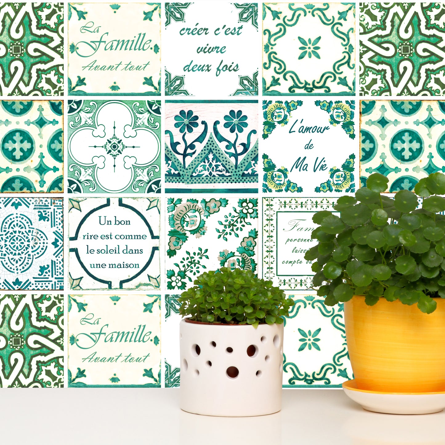 WT1516 - French Quote Classic Green Tile Sticker - 15 cm x 15 cm - 24 pcs