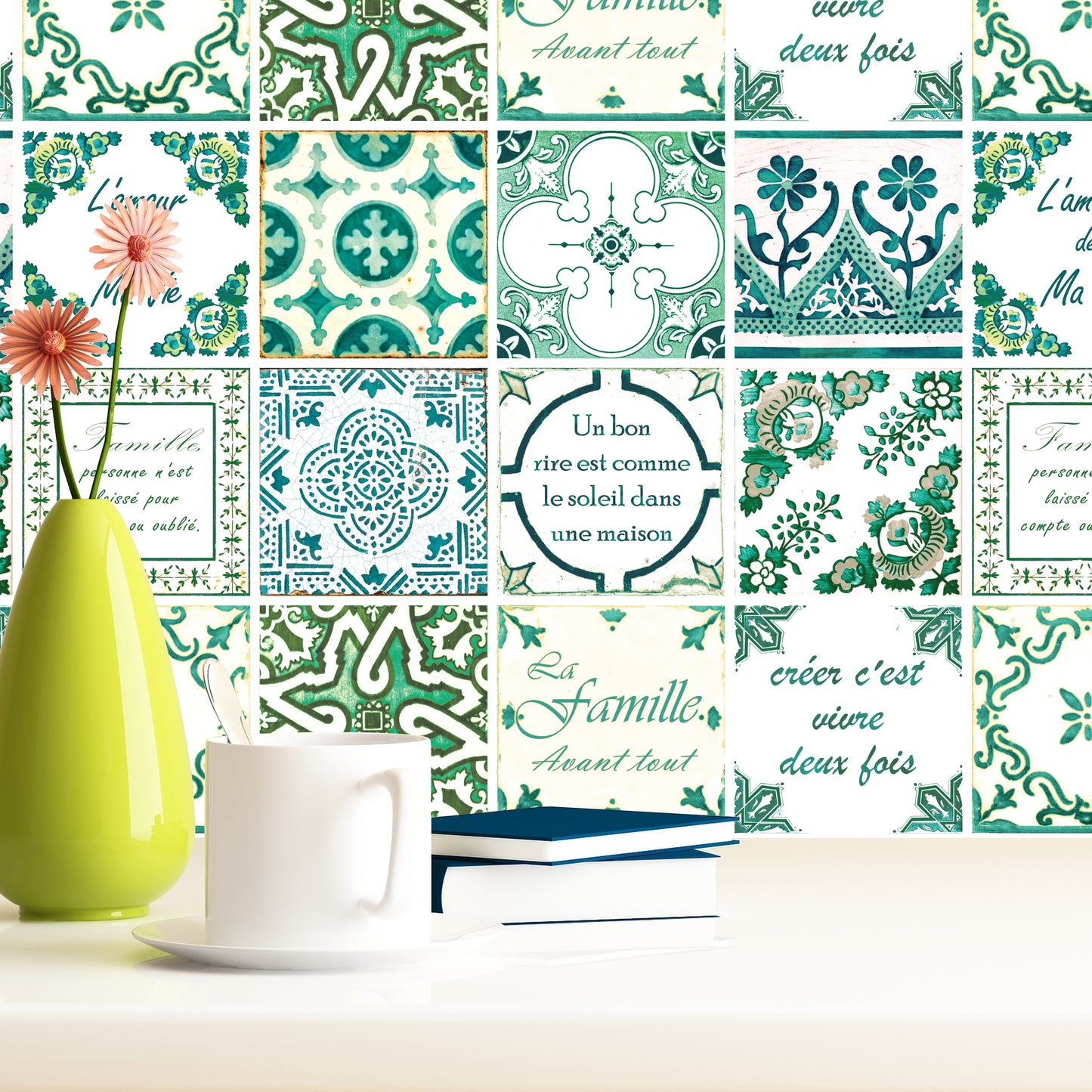 WT1516 - French Quote Classic Green Tile Sticker - 15 cm x 15 cm - 24 pcs