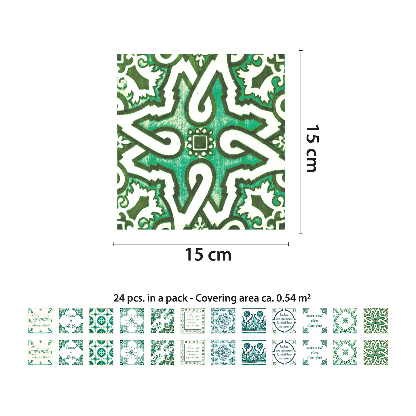 WT1516 - French Quote Classic Green Tile Sticker - 15 cm x 15 cm - 24 pcs