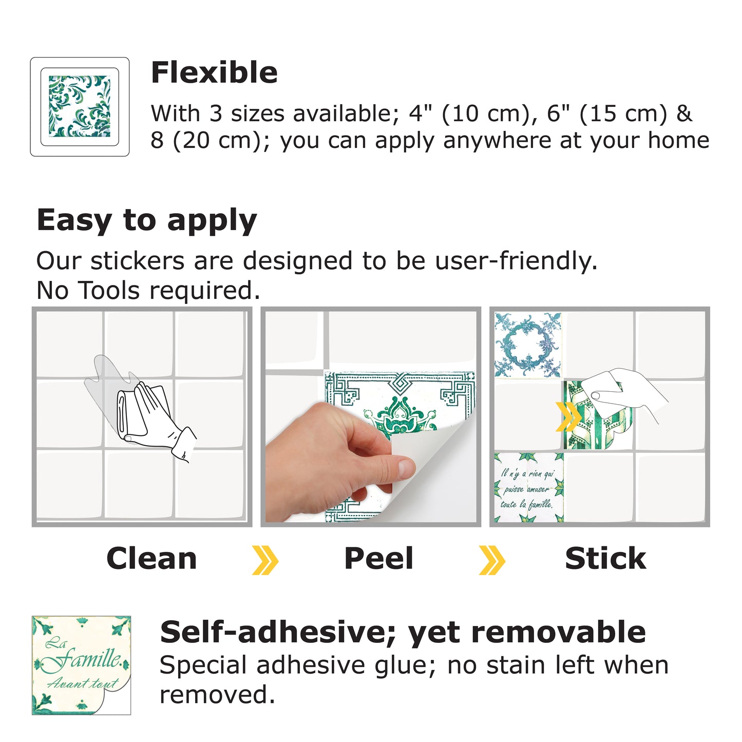 WT1516 - French Quote Classic Green Tile Sticker - 15 cm x 15 cm - 24 pcs