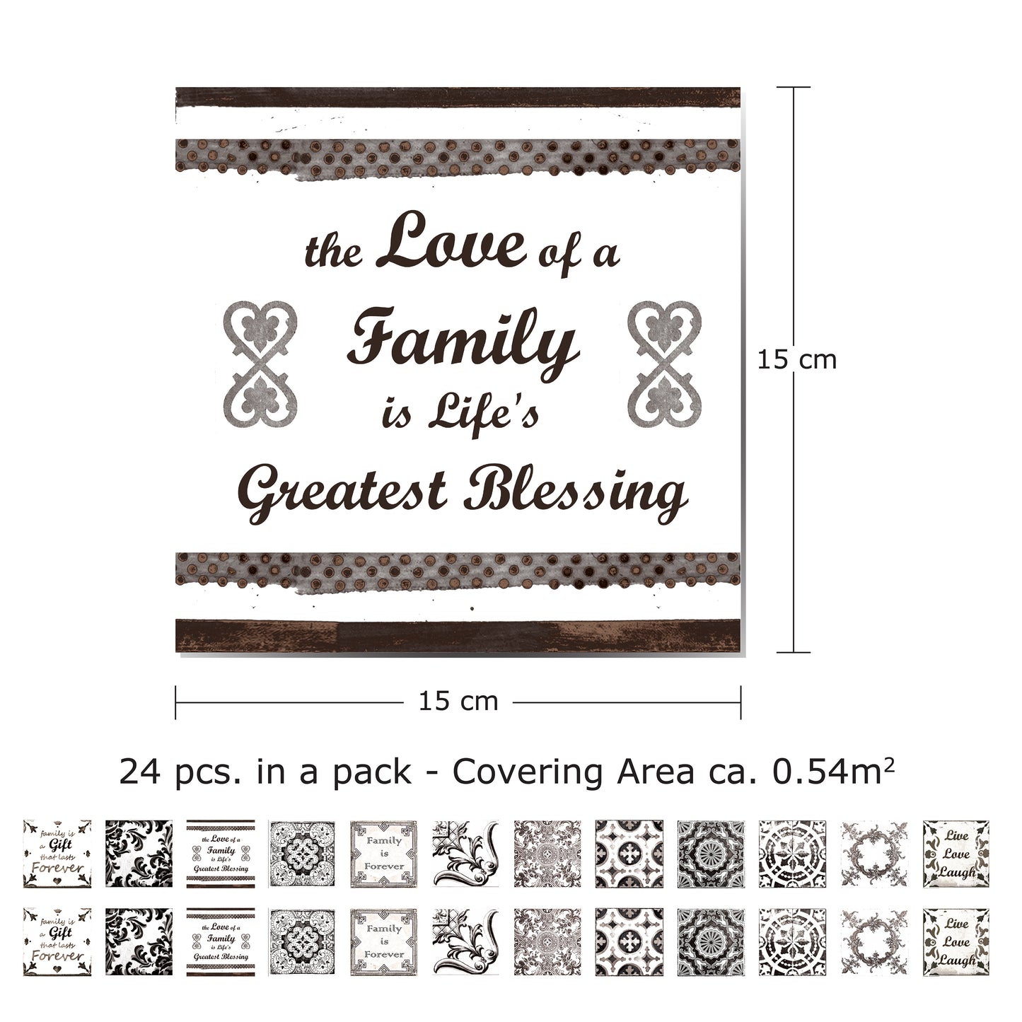 WT1517 - English Quote Retro Brown Tile Sticker - 15 cm x 15 cm - 24 pcs