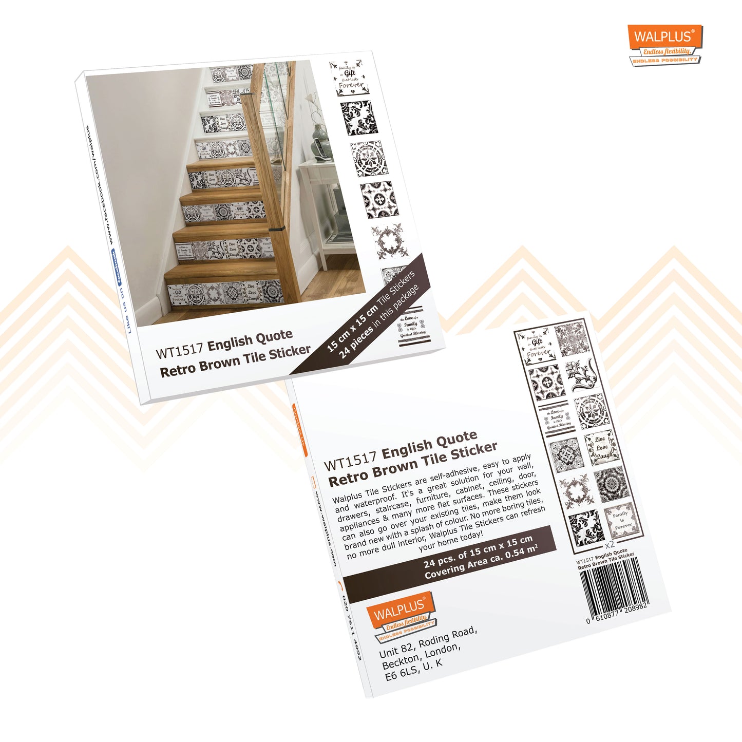 WT1517 - English Quote Retro Brown Tile Sticker - 15 cm x 15 cm - 24 pcs