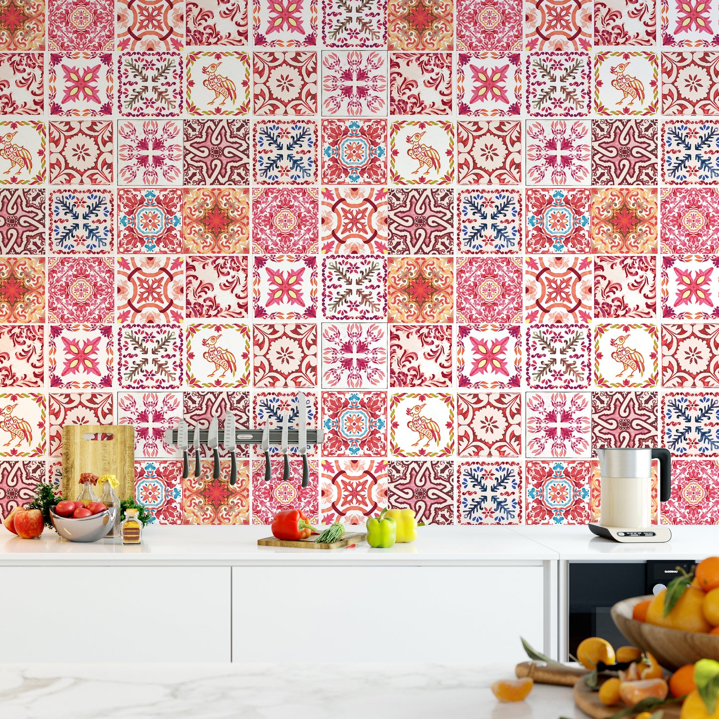 WT1518 - Moroccan Rose Red Mosaic Tile Sticker - 15 cm x 15 cm - 24 pcs