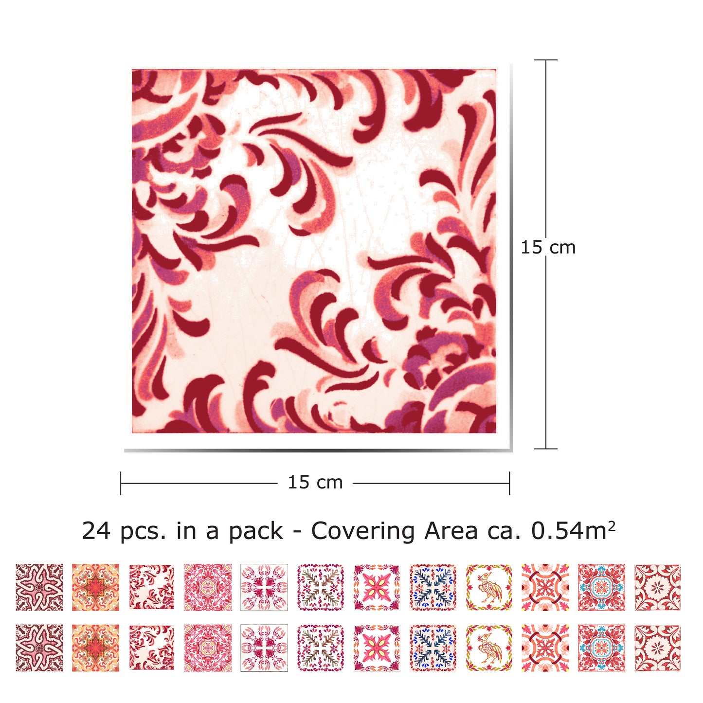 WT1518 - Moroccan Rose Red Mosaic Tile Sticker - 15 cm x 15 cm - 24 pcs