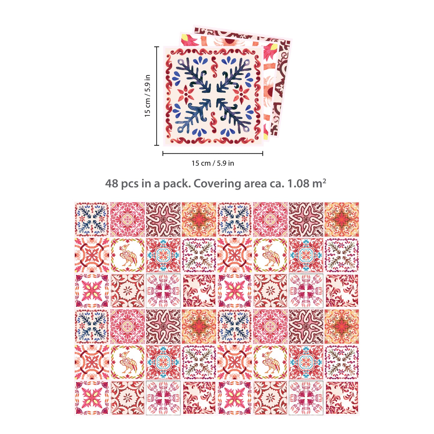 WT1518 - Moroccan Rose Red Mosaic Tile Sticker - 15 cm x 15 cm - 24 pcs