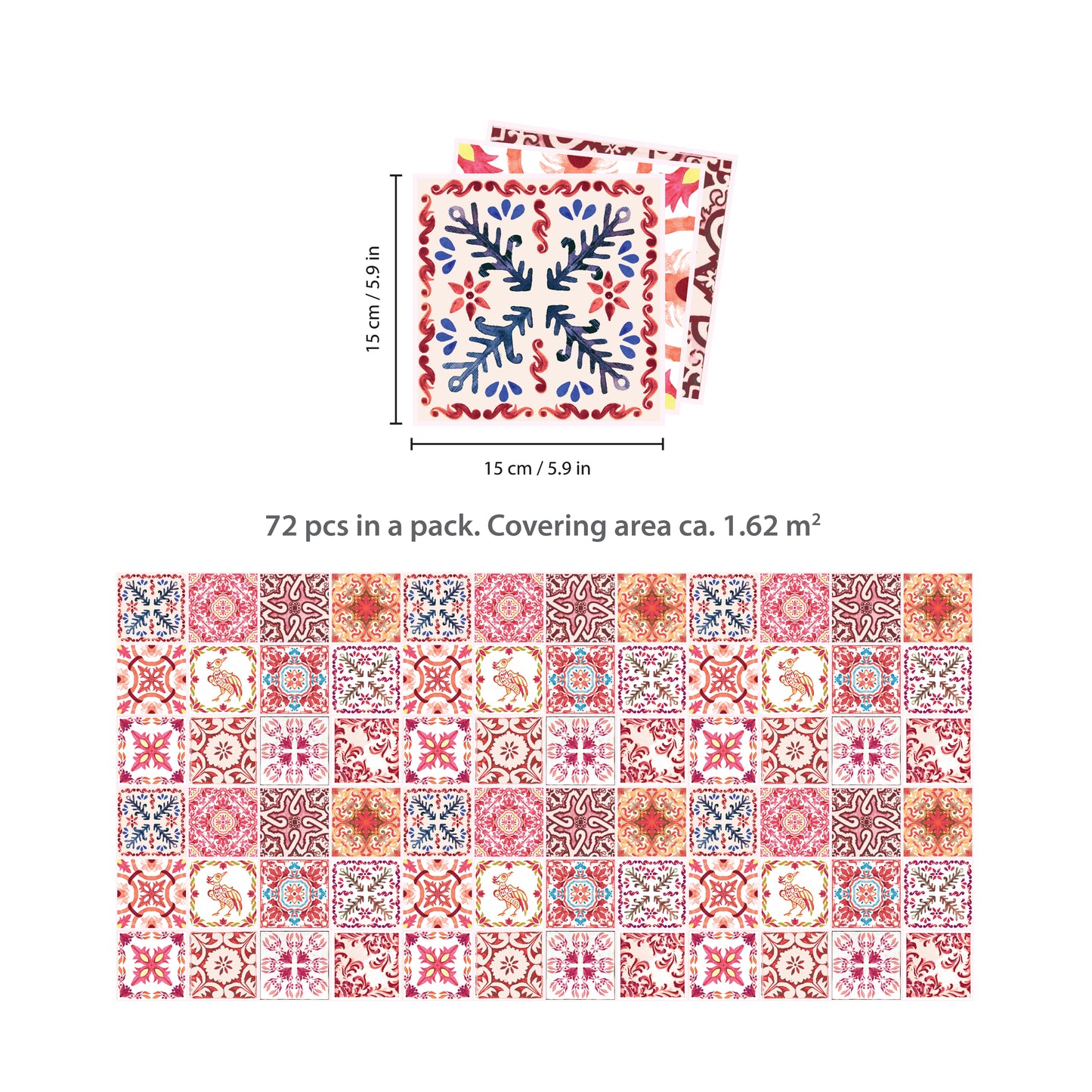 WT1518 - Moroccan Rose Red Mosaic Tile Sticker - 15 cm x 15 cm - 24 pcs