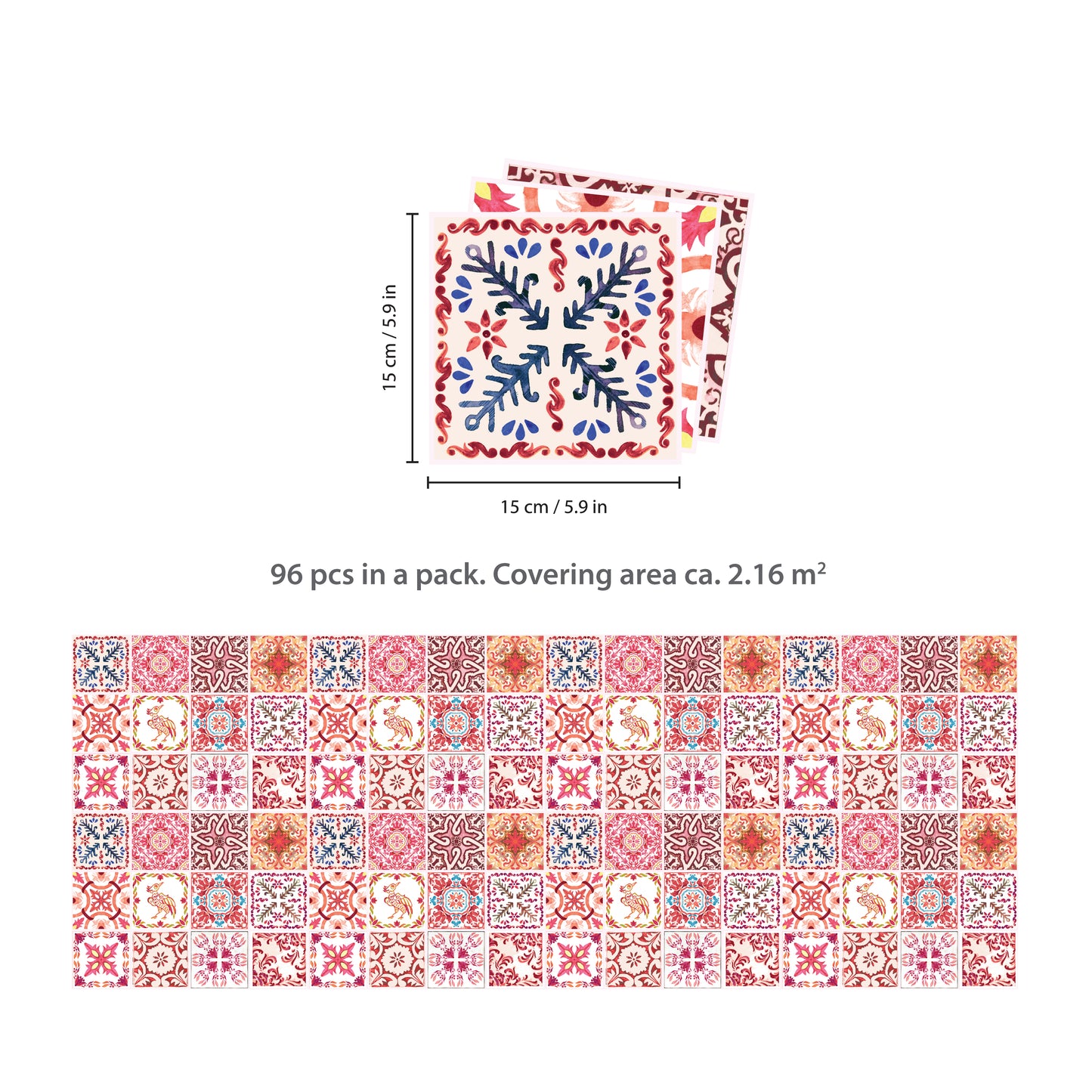 WT1518 - Moroccan Rose Red Mosaic Tile Sticker - 15 cm x 15 cm - 24 pcs