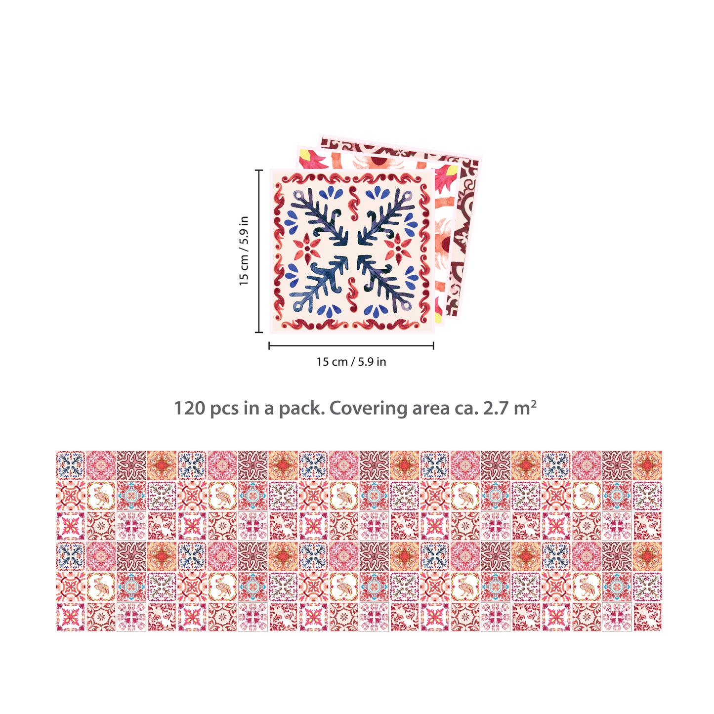 WT1518 - Moroccan Rose Red Mosaic Tile Sticker - 15 cm x 15 cm - 24 pcs