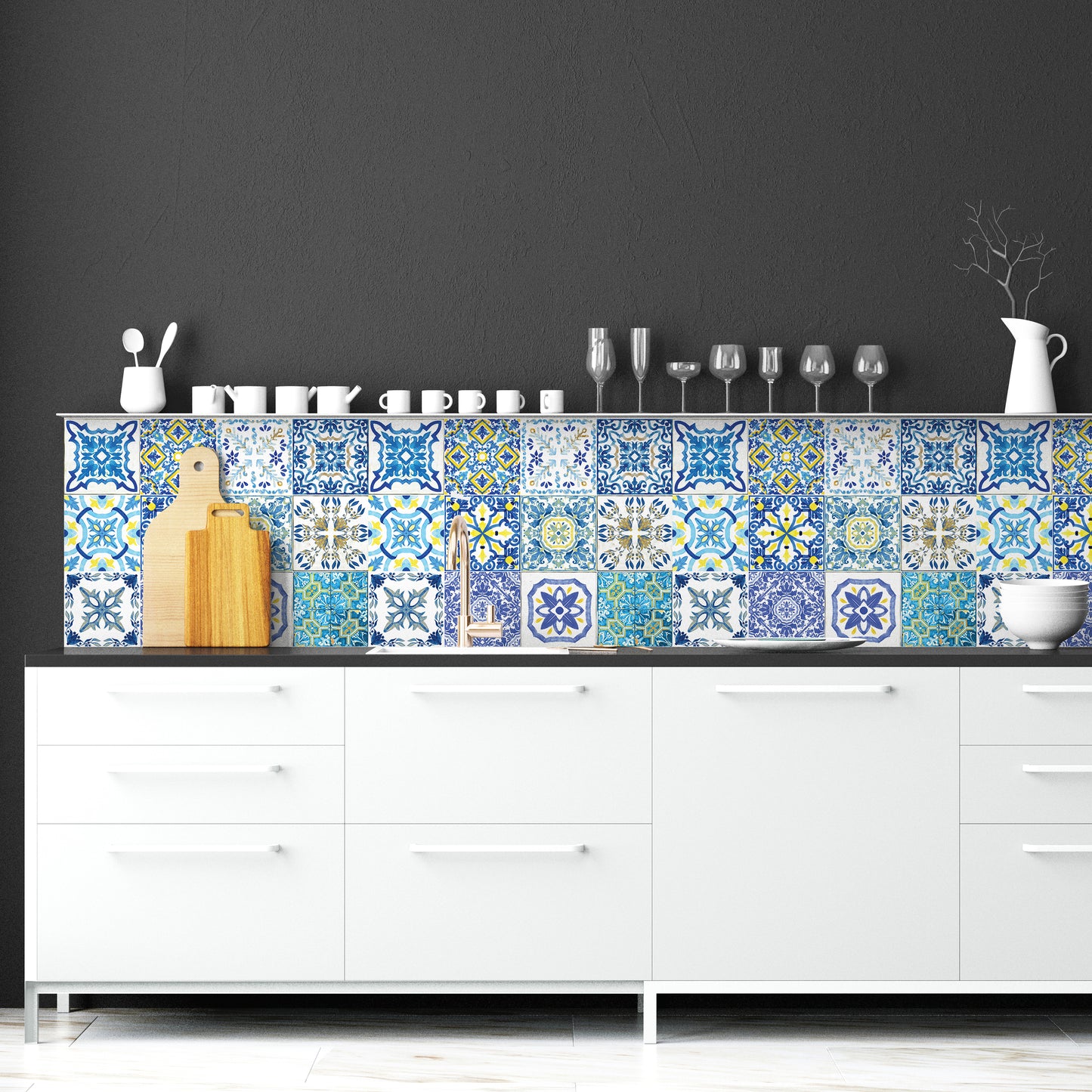 WT1519 - Mediterranean Sky Classic Blue Mosaic Tile Sticker - 15 cm x 15 cm - 24 pcs