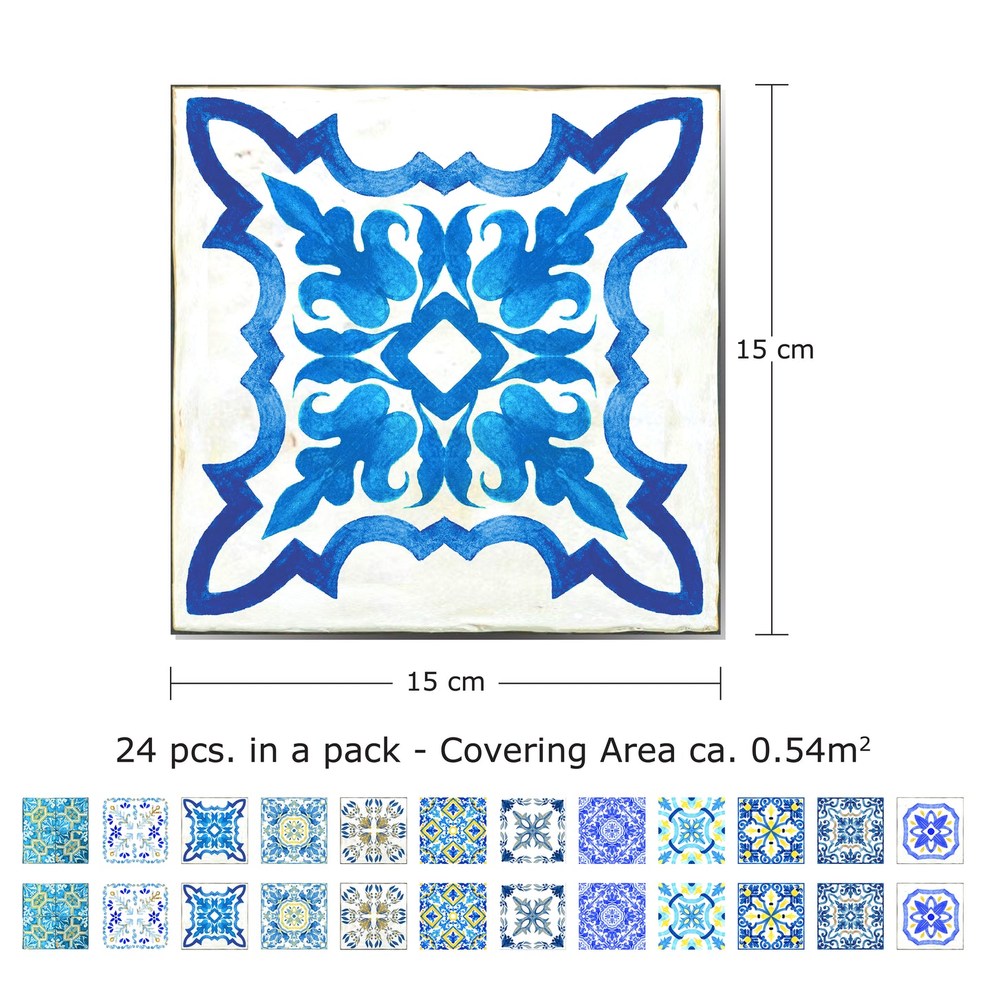 WT1519 - Mediterranean Sky Classic Blue Mosaic Tile Sticker - 15 cm x 15 cm - 24 pcs