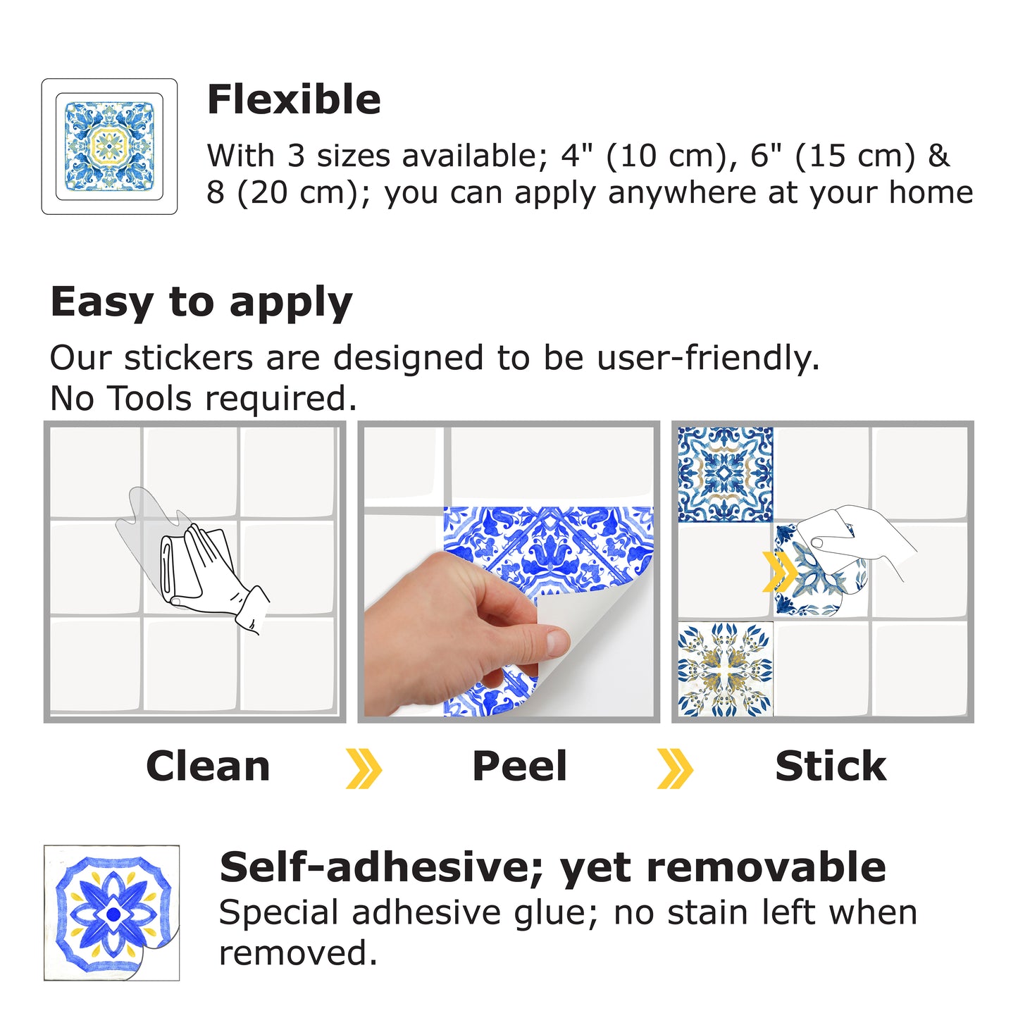 WT1519 - Mediterranean Sky Classic Blue Mosaic Tile Sticker - 15 cm x 15 cm - 24 pcs