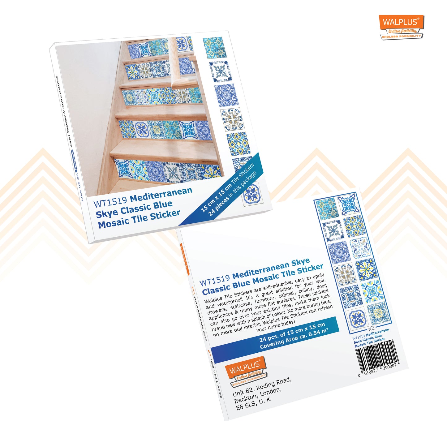 WT1519 - Mediterranean Sky Classic Blue Mosaic Tile Sticker - 15 cm x 15 cm - 24 pcs