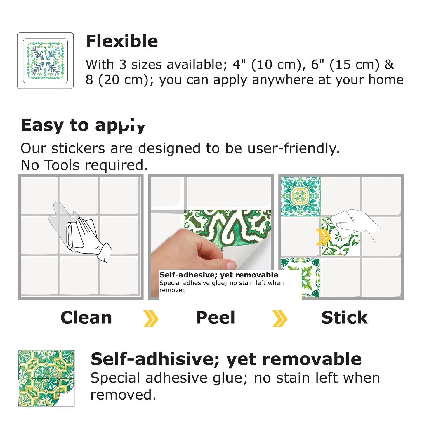 WT1520 - Turkish Green Mosaic Tile Sticker - 15 cm x 15 cm - 24 pcs
