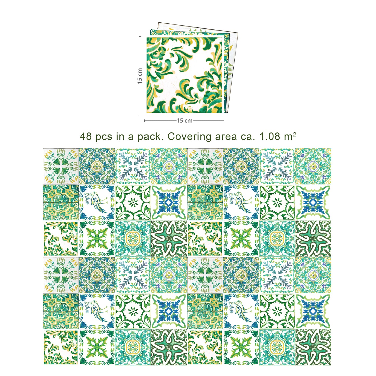 WT1520 - Turkish Green Mosaic Tile Sticker - 15 cm x 15 cm - 24 pcs
