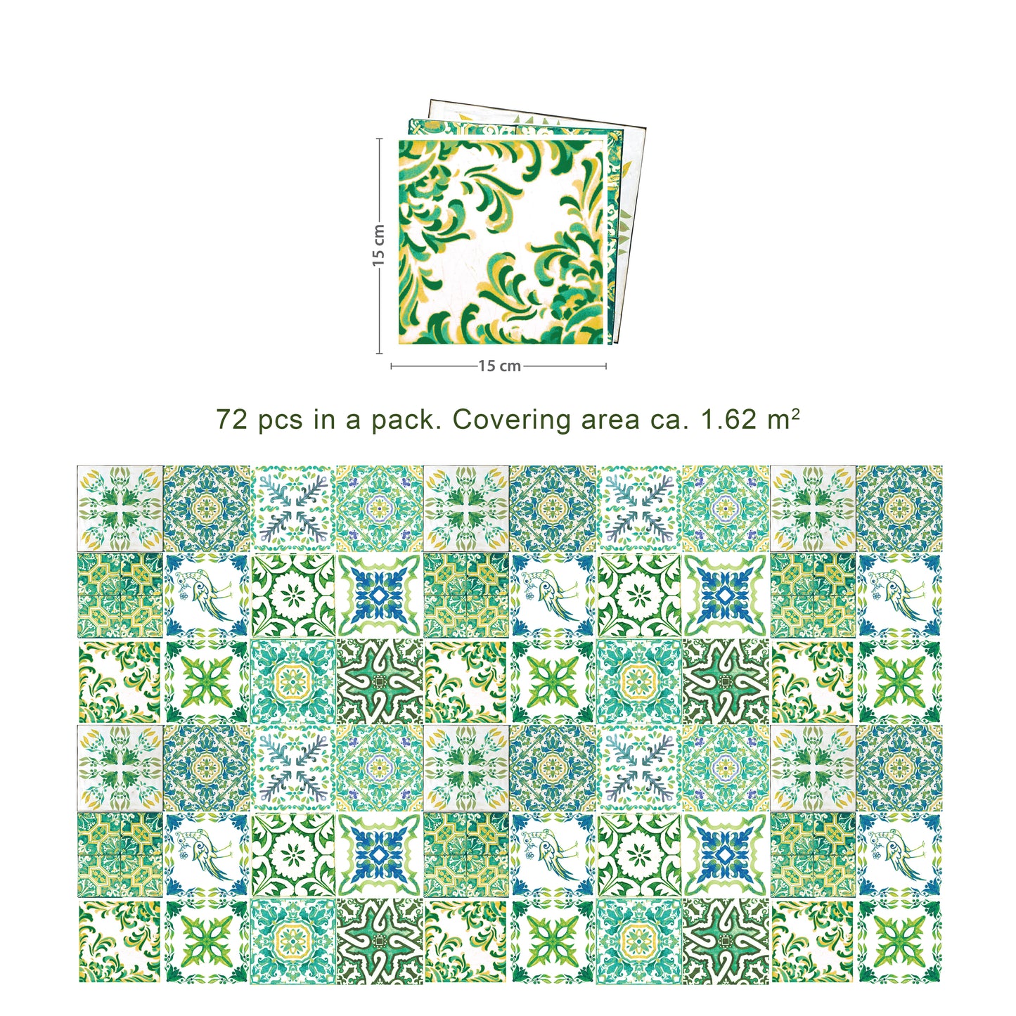 WT1520 - Turkish Green Mosaic Tile Sticker - 15 cm x 15 cm - 24 pcs