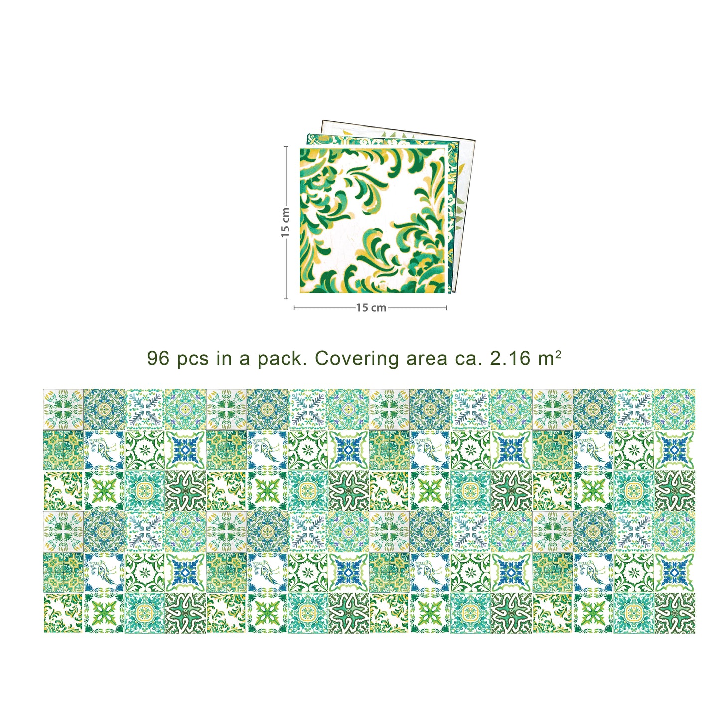WT1520 - Turkish Green Mosaic Tile Sticker - 15 cm x 15 cm - 24 pcs