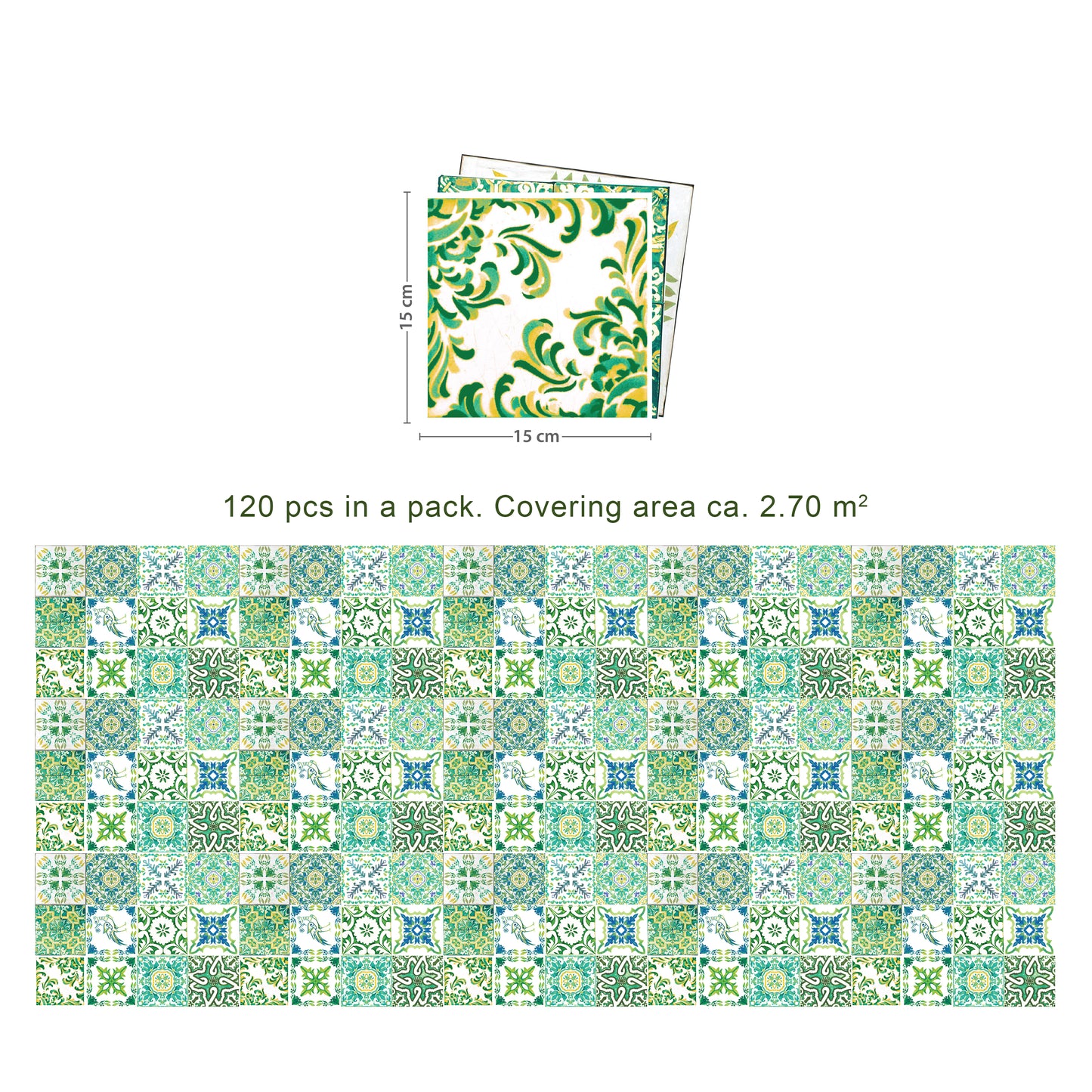 WT1520 - Turkish Green Mosaic Tile Sticker - 15 cm x 15 cm - 24 pcs