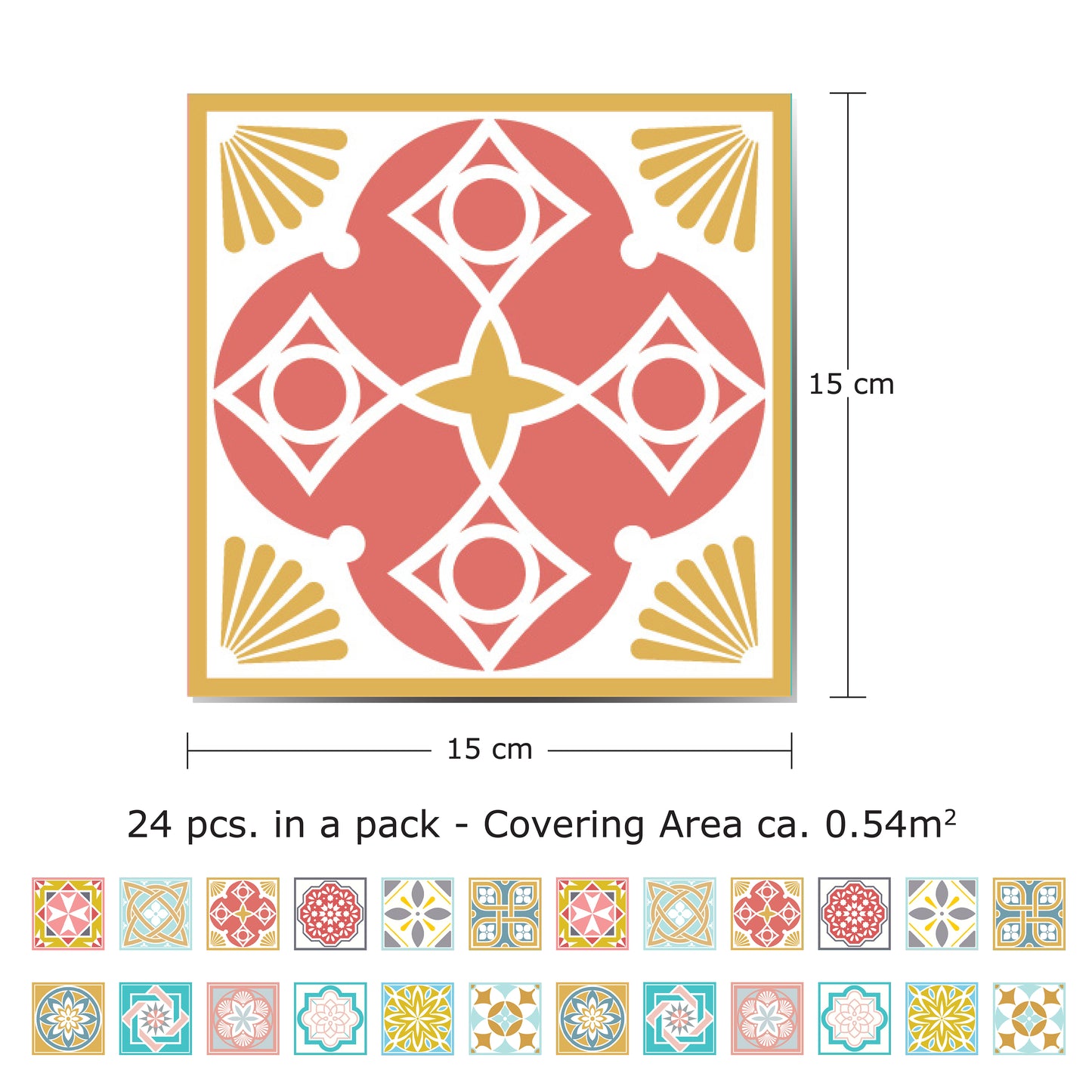 WT1521 Malia Colourful Tiles Mix Wall Stickers - 15 cm x 15 cm - 24 pcs.