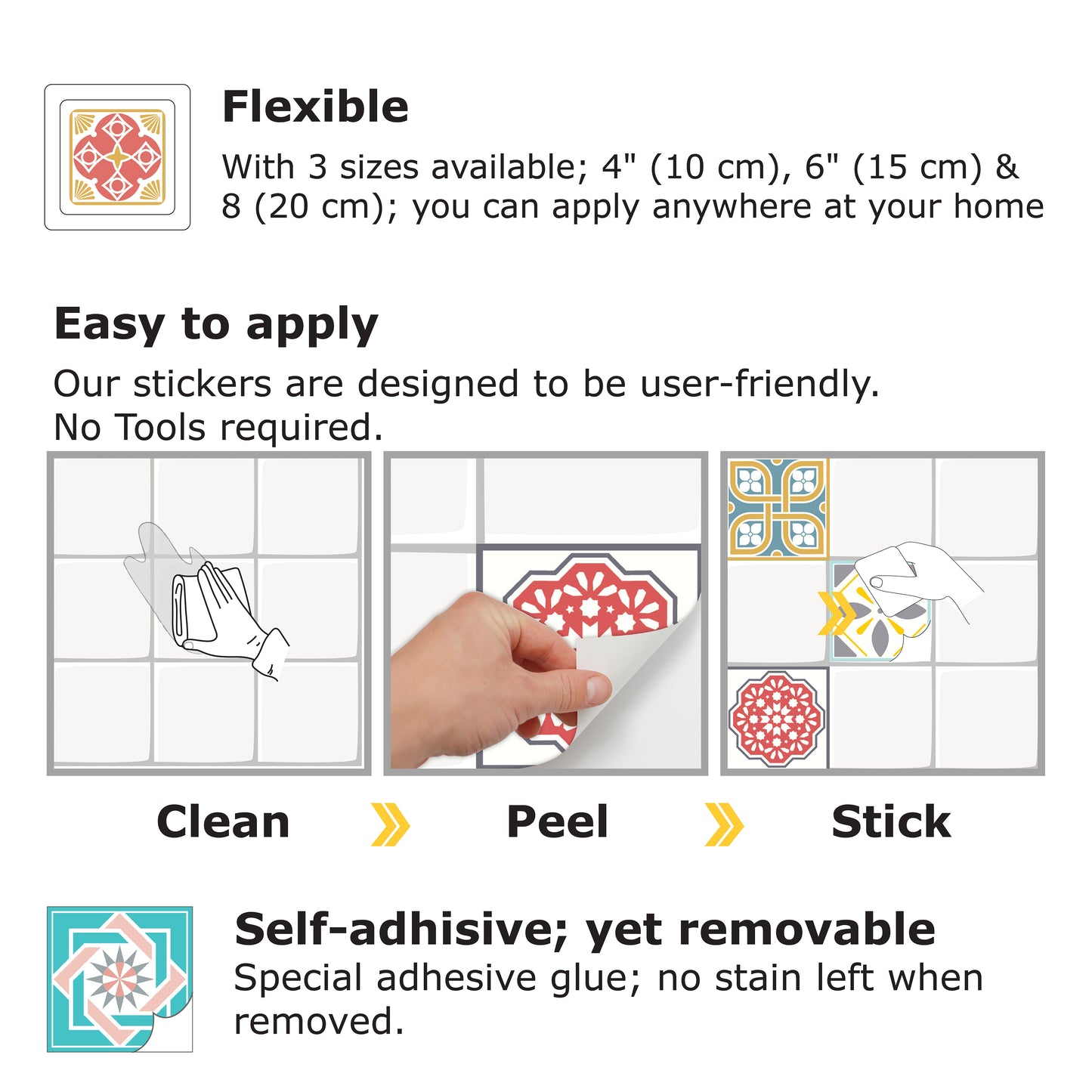 WT1521 Malia Colourful Tiles Mix Wall Stickers - 15 cm x 15 cm - 24 pcs.