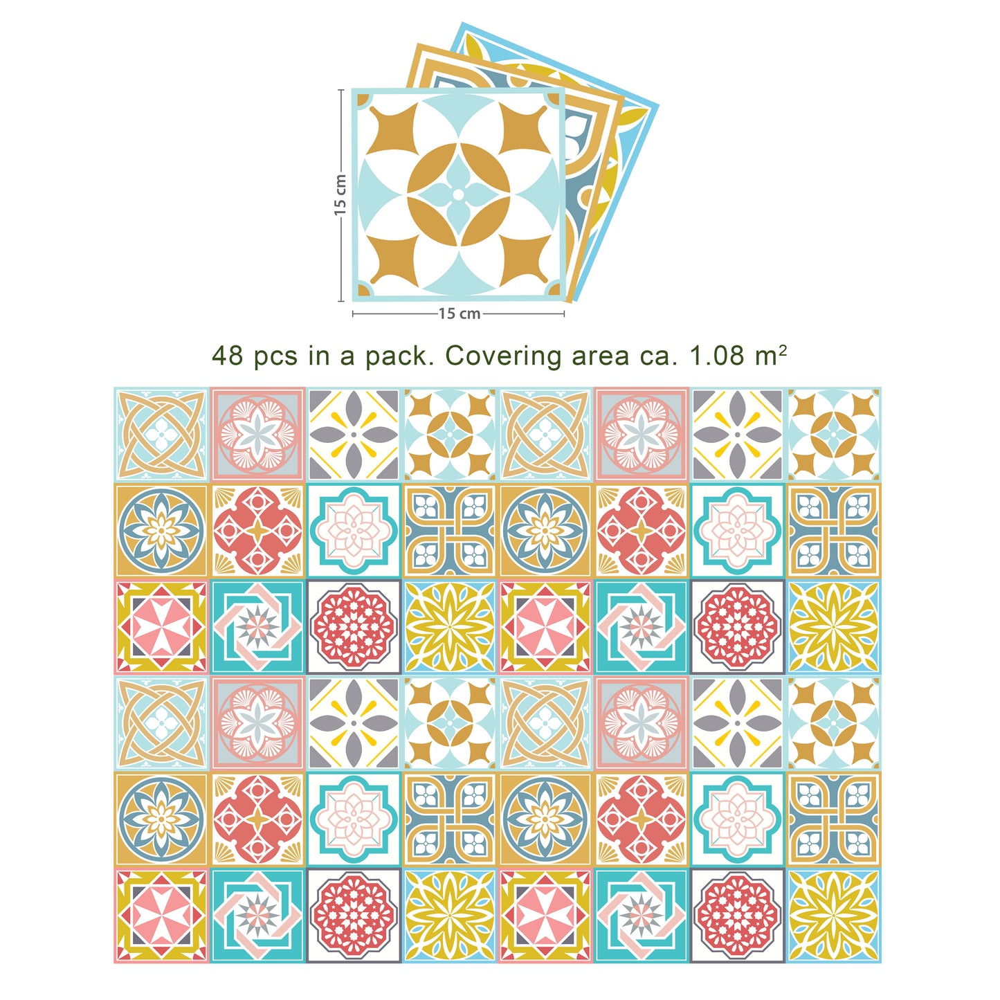 WT1521 Malia Colourful Tiles Mix Wall Stickers - 15 cm x 15 cm - 24 pcs.