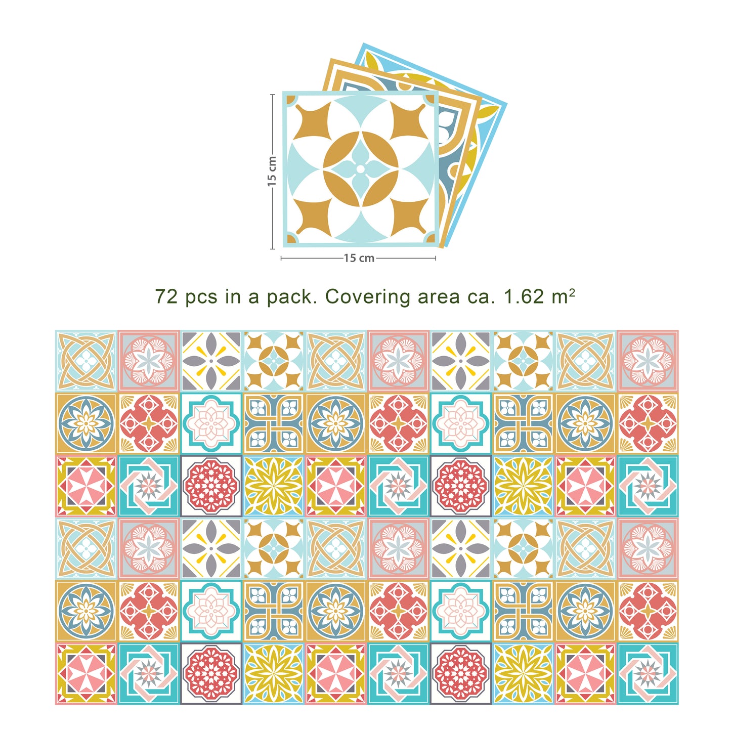 WT1521 Malia Colourful Tiles Mix Wall Stickers - 15 cm x 15 cm - 24 pcs.