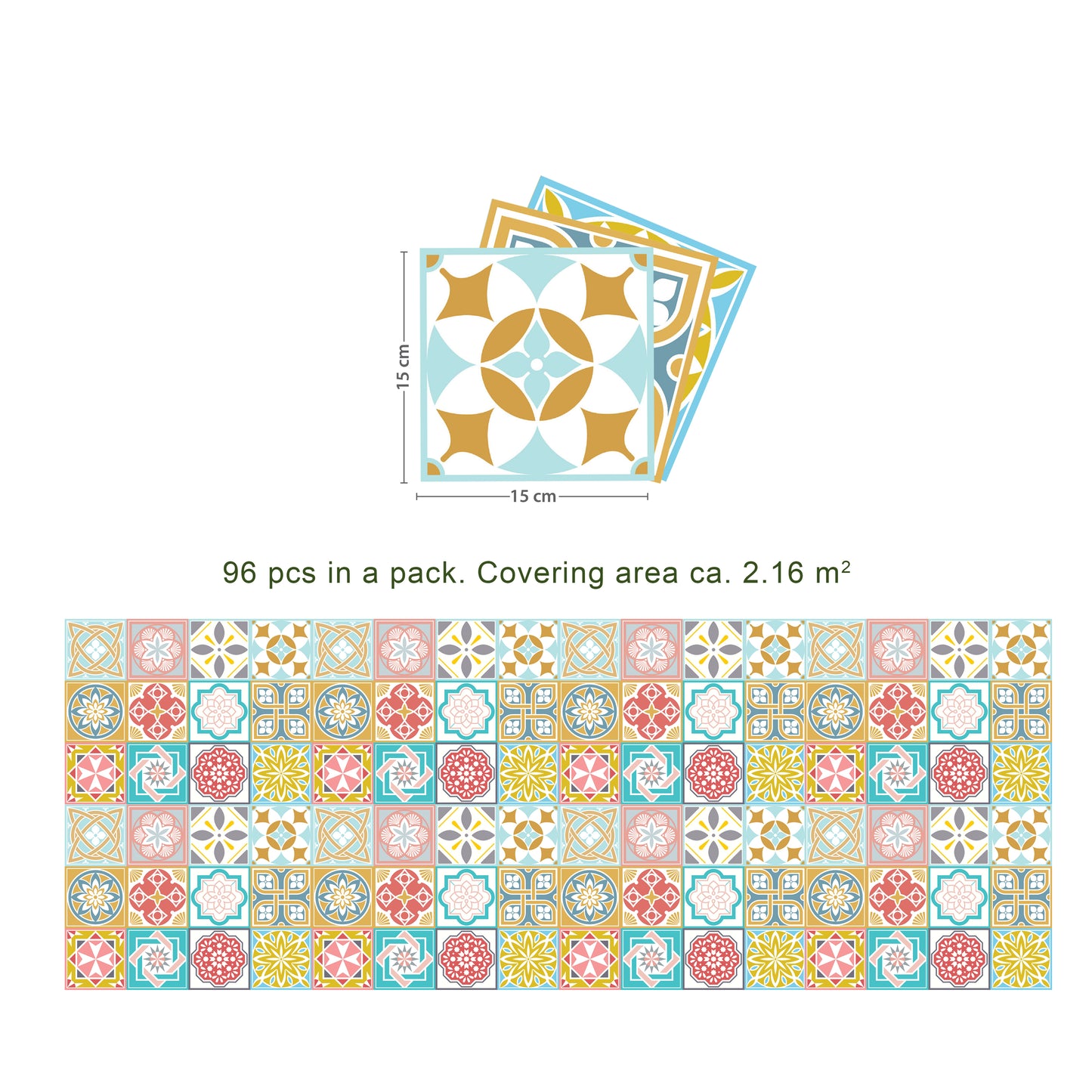 WT1521 Malia Colourful Tiles Mix Wall Stickers - 15 cm x 15 cm - 24 pcs.