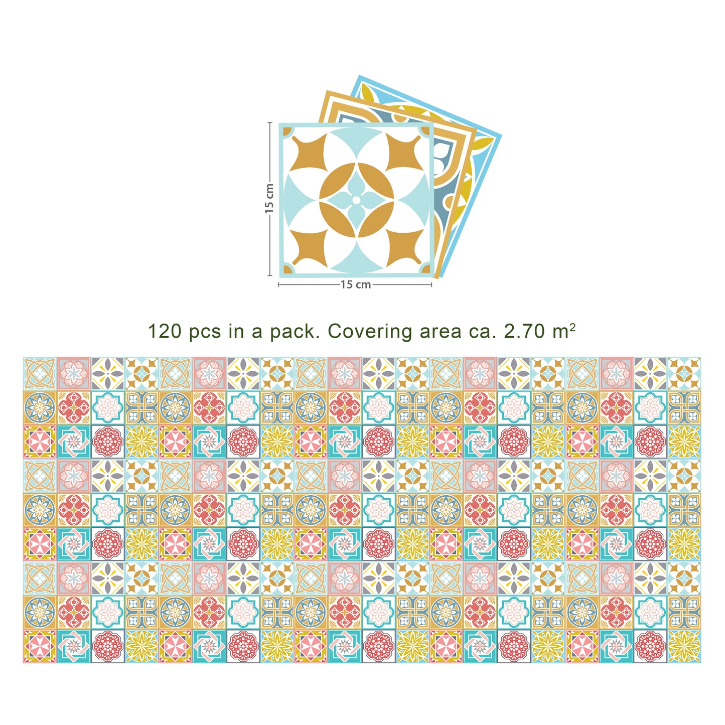 WT1521 Malia Colourful Tiles Mix Wall Stickers - 15 cm x 15 cm - 24 pcs.