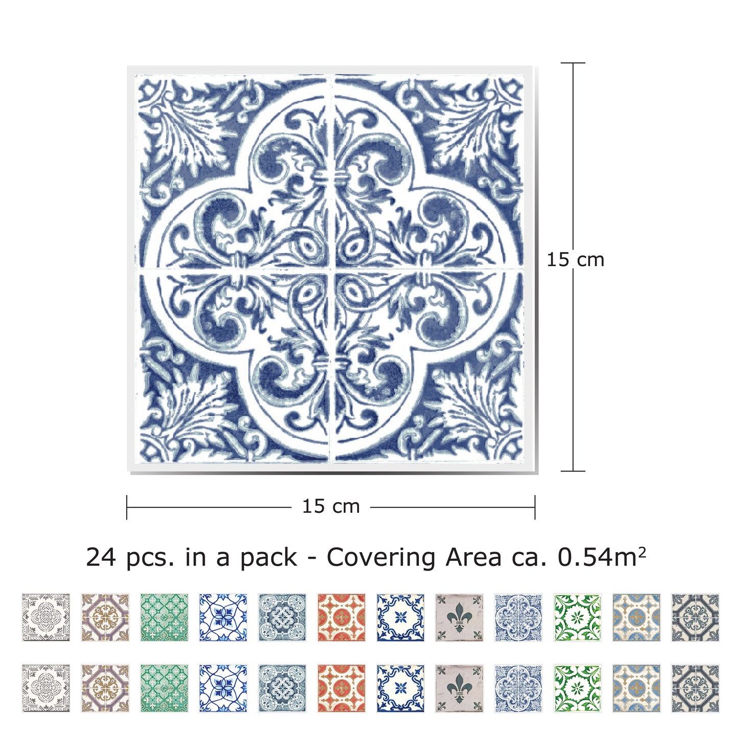WT1522 Vintage Porcelain Tiles Mix Wall Stickers - 15 cm x 15 cm - 24 pcs.
